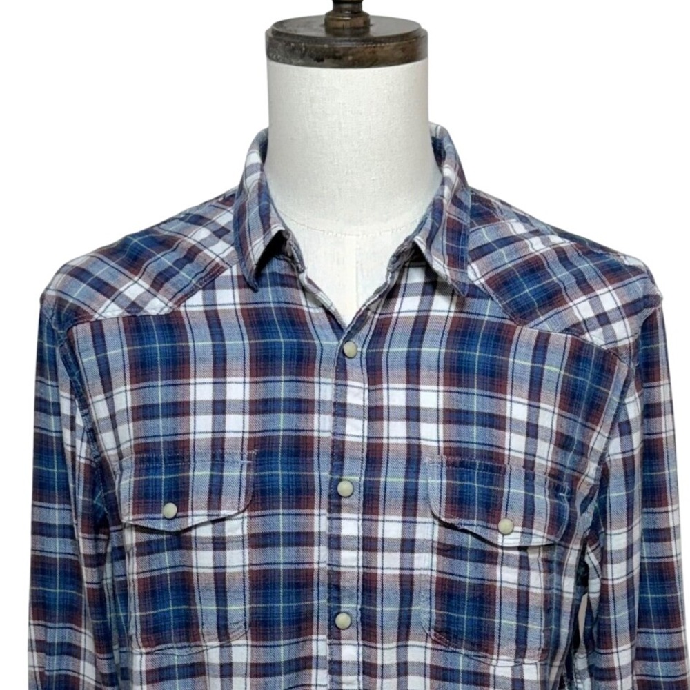 Lucky Brand Shirt Mens Large Blue Plaid Flannel Pearl Snap Western Long Sleeve